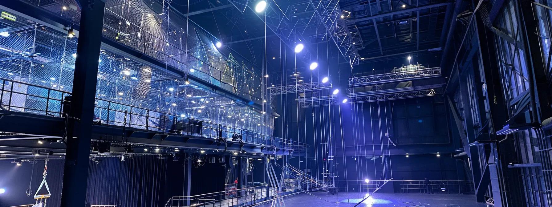 a bustling aircraft hangar showcases a comprehensive fall protection system, featuring prominent guardrails, safety nets suspended below, and strategically placed warning lines, all under the bright artificial lighting of the industrial space. a bustling aircraft hangar showcases a comprehensive fall protection system, featuring prominent guardrails, safety nets suspended below, and strategically placed warning lines, all under the bright artificial lighting of the industrial space.
