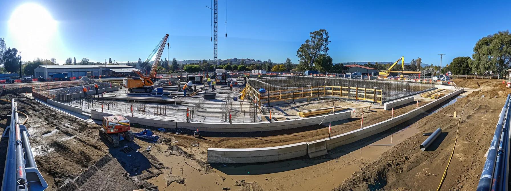 a bustling construction site in california, showcasing workers inspecting scaffold guardrails and mobile aerial lifts with safety equipment neatly arranged, emphasizing the importance of proactive inspections for enhanced worker safety and compliance.