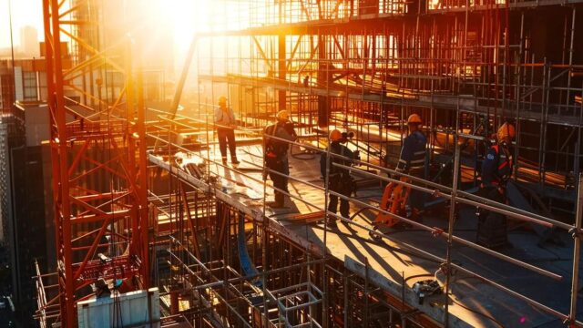 a bustling construction site showcases a team of professionals meticulously installing a robust fall protection system, with safety harnesses glistening under bright project lights amidst a backdrop of towering structures.