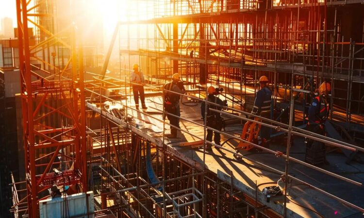 a bustling construction site showcases a team of professionals meticulously installing a robust fall protection system, with safety harnesses glistening under bright project lights amidst a backdrop of towering structures.