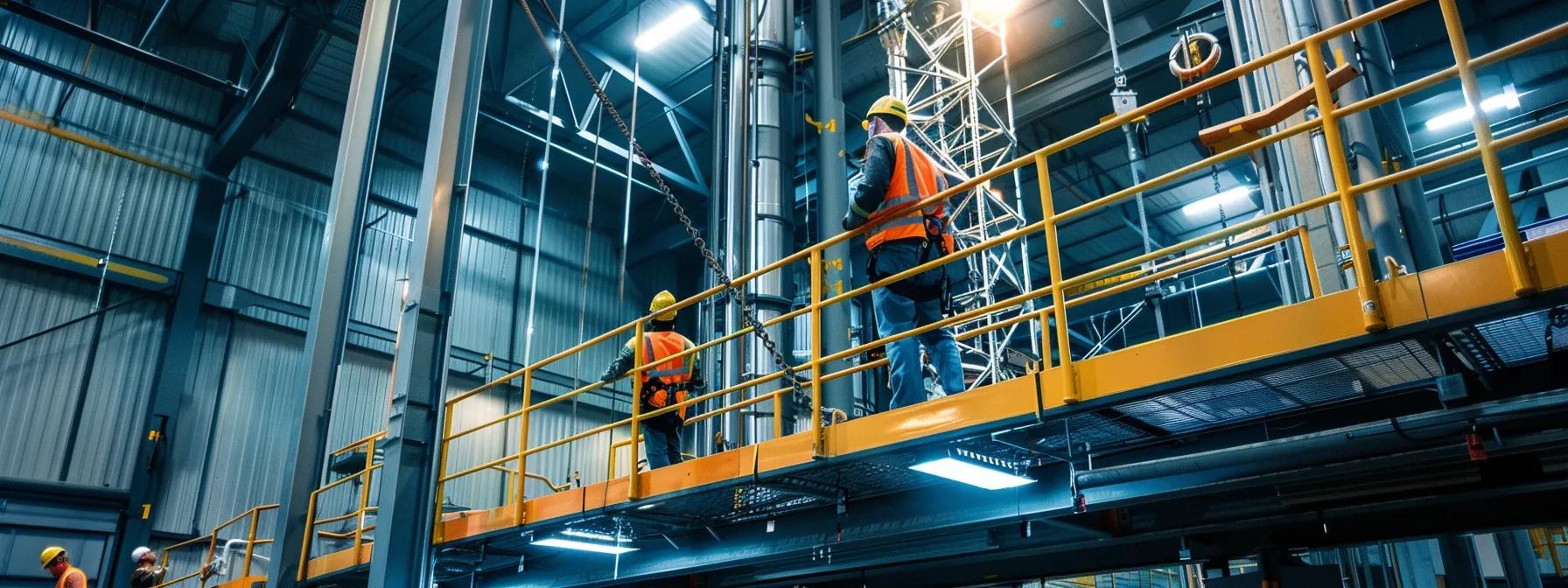 a bustling industrial training facility, featuring workers engaging with advanced fall protection equipment, including lifeline systems and guardrails, while a trainer demonstrates proper installation techniques amidst an atmosphere of collaboration and safety innovation. a bustling industrial training facility, featuring workers engaging with advanced fall protection equipment, including lifeline systems and guardrails, while a trainer demonstrates proper installation techniques amidst an atmosphere of collaboration and safety innovation.