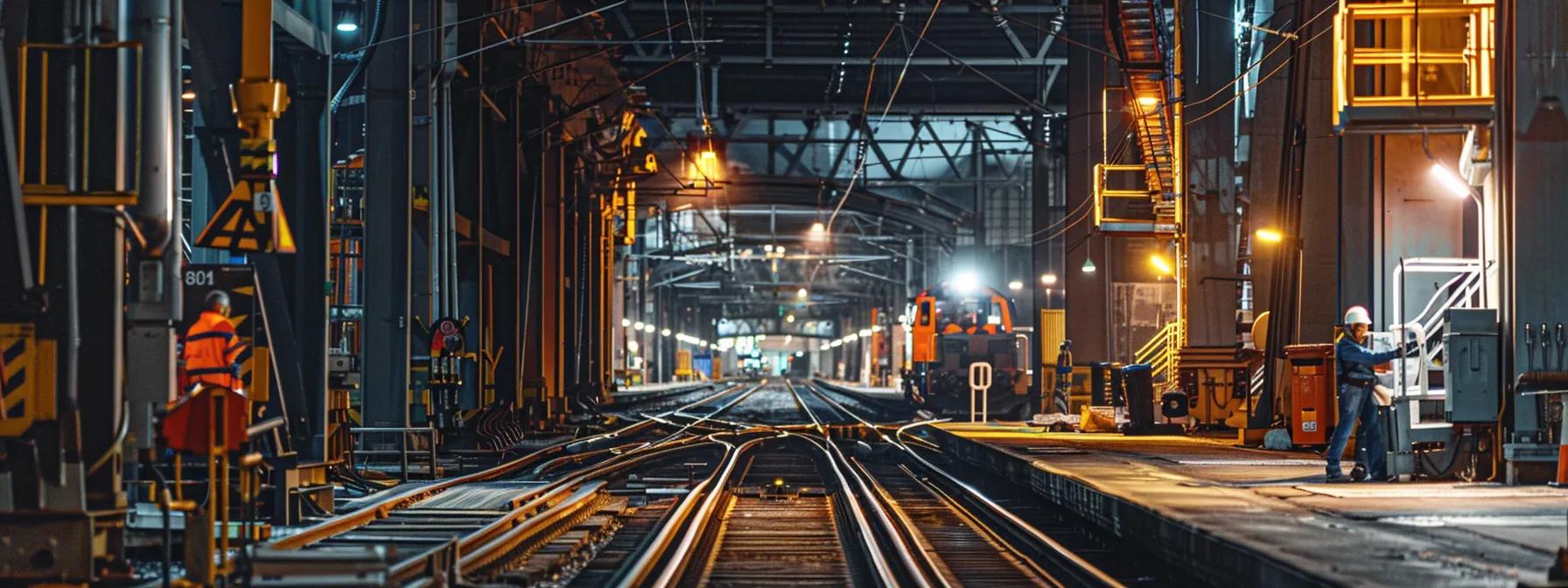 a bustling rail yard scene captures the complexity of fall protection, featuring fixed guardrails at platform edges, active retractable lifelines above technicians inspecting a locomotive, and strategically placed warning lines illuminating the high-traffic area amidst the industrial backdrop. a bustling rail yard scene captures the complexity of fall protection, featuring fixed guardrails at platform edges, active retractable lifelines above technicians inspecting a locomotive, and strategically placed warning lines illuminating the high-traffic area amidst the industrial backdrop.