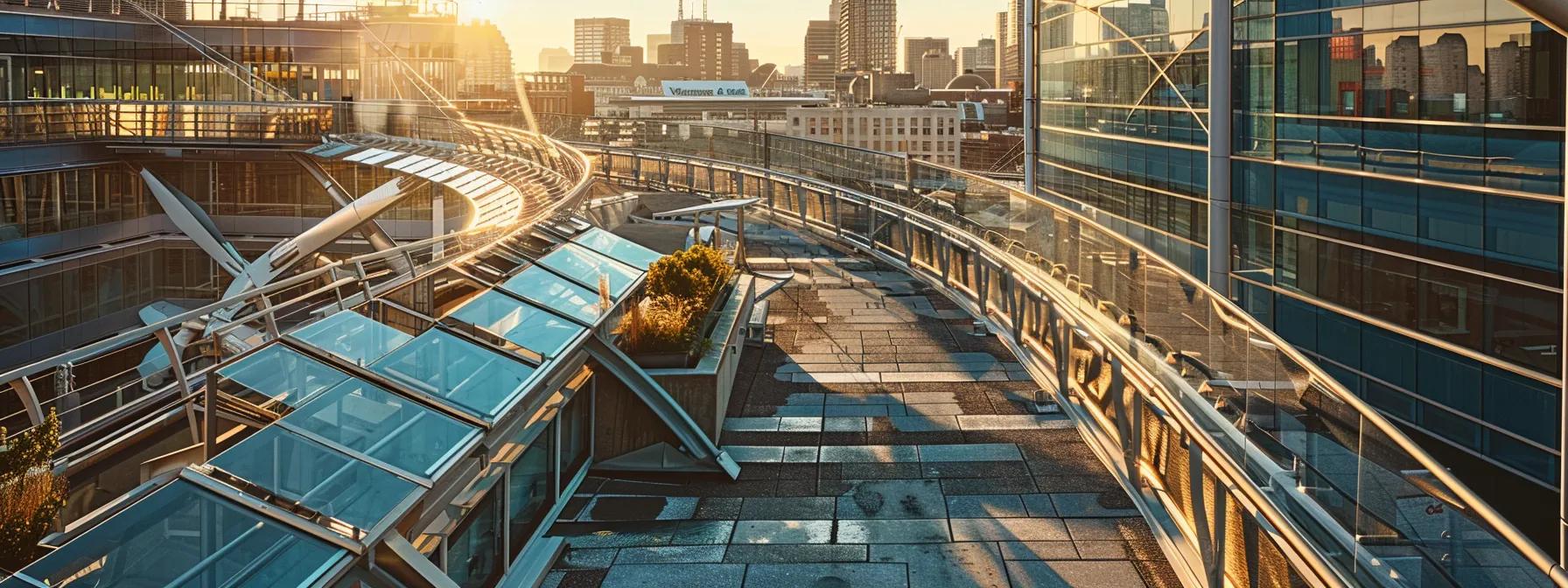a bustling urban rooftop observation deck showcases a series of high-visibility stainless steel guardrails and integrated safety net systems, highlighting the sophisticated fall protection strategies employed to ensure safety for maintenance crews and visitors alike. a bustling urban rooftop observation deck showcases a series of high-visibility stainless steel guardrails and integrated safety net systems, highlighting the sophisticated fall protection strategies employed to ensure safety for maintenance crews and visitors alike.