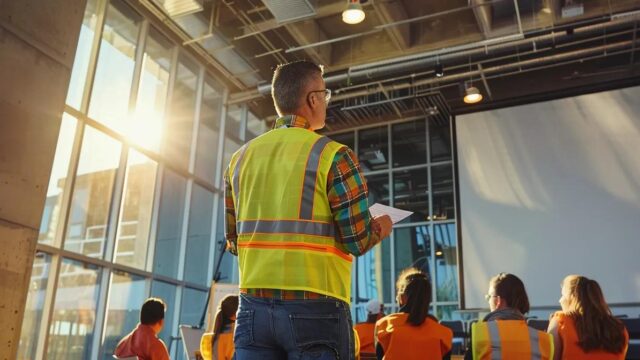 a dedicated safety trainer conducts an engaging classroom session surrounded by vibrant training materials and visual aids on fall protection systems, with focused participants attentively listening and taking notes in a well-lit urban office training facility.