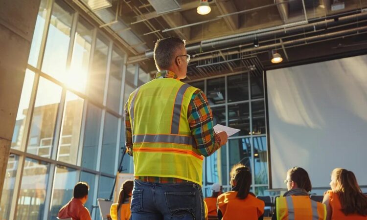 a dedicated safety trainer conducts an engaging classroom session surrounded by vibrant training materials and visual aids on fall protection systems, with focused participants attentively listening and taking notes in a well-lit urban office training facility.