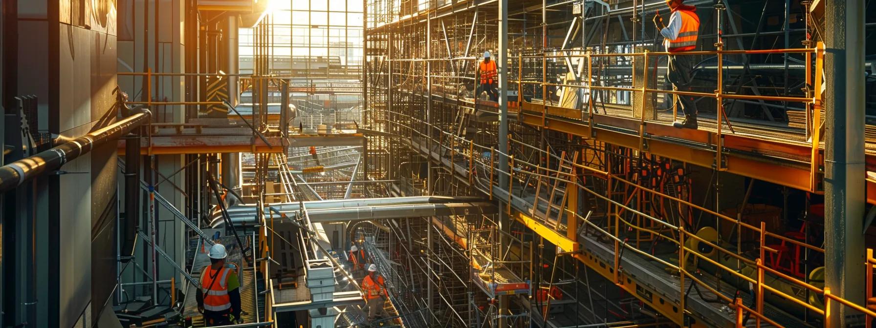 a dynamic construction site scene showcases workers engaged in thorough safety training, surrounded by visible fall protection systems like guardrails and nets, with a detailed site map prominently displayed, emphasizing the importance of hazard assessment and compliance. a dynamic construction site scene showcases workers engaged in thorough safety training, surrounded by visible fall protection systems like guardrails and nets, with a detailed site map prominently displayed, emphasizing the importance of hazard assessment and compliance.