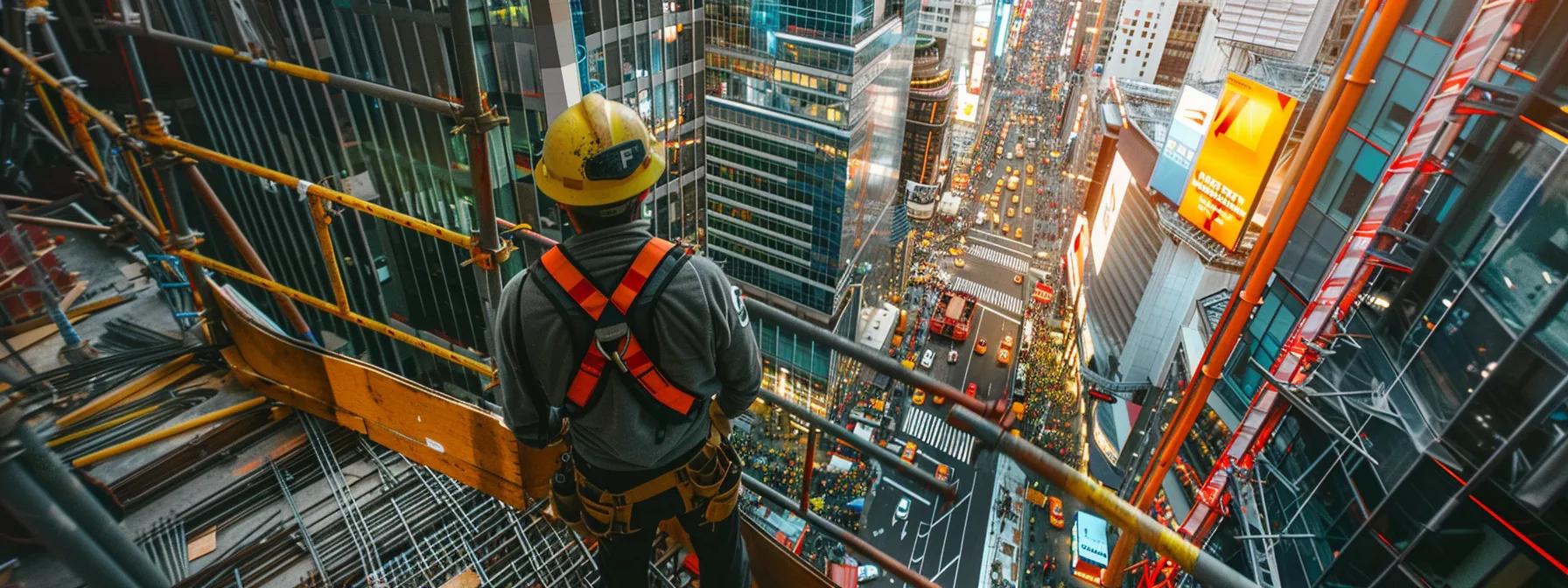a dynamic construction site shows workers confidently navigating multi-story scaffolding, secured by robust guardrail systems and wearing full-body harnesses connected to shock-absorbing lanyards, emphasizing the effectiveness of fall protection measures in action. a dynamic construction site shows workers confidently navigating multi-story scaffolding, secured by robust guardrail systems and wearing full-body harnesses connected to shock-absorbing lanyards, emphasizing the effectiveness of fall protection measures in action.