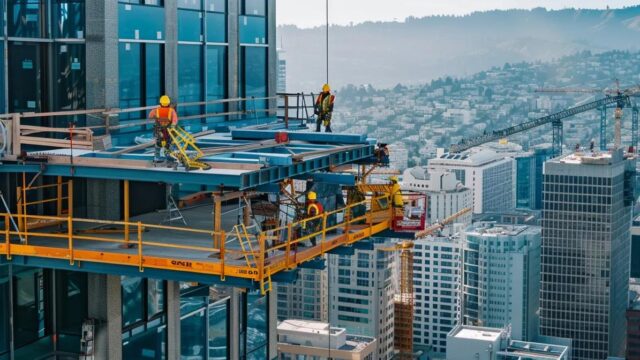 a dynamic construction site showcases a robust custom fall protection system featuring adjustable guardrails and retractable lifelines, expertly configured around multi-story concrete pours and reinforcing safety compliance in a high-risk urban environment.