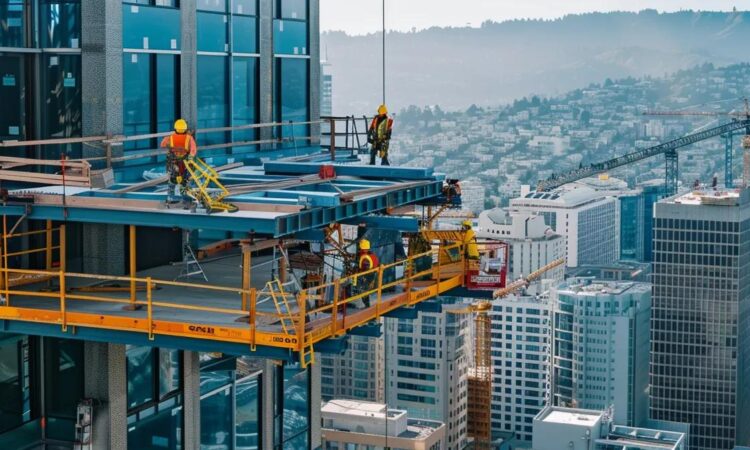 a dynamic construction site showcases a robust custom fall protection system featuring adjustable guardrails and retractable lifelines, expertly configured around multi-story concrete pours and reinforcing safety compliance in a high-risk urban environment.