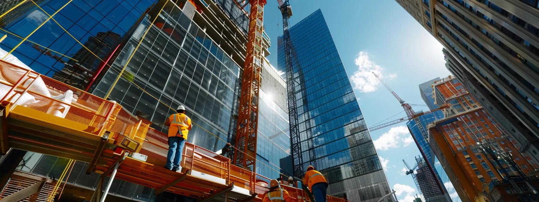 a dynamic construction site, showcasing workers confidently utilizing advanced fall protection systems like engineered horizontal lifelines, with a modern high-rise building in the background, emphasizing a culture of safety and innovation in urban development. a dynamic construction site, showcasing workers confidently utilizing advanced fall protection systems like engineered horizontal lifelines, with a modern high-rise building in the background, emphasizing a culture of safety and innovation in urban development.