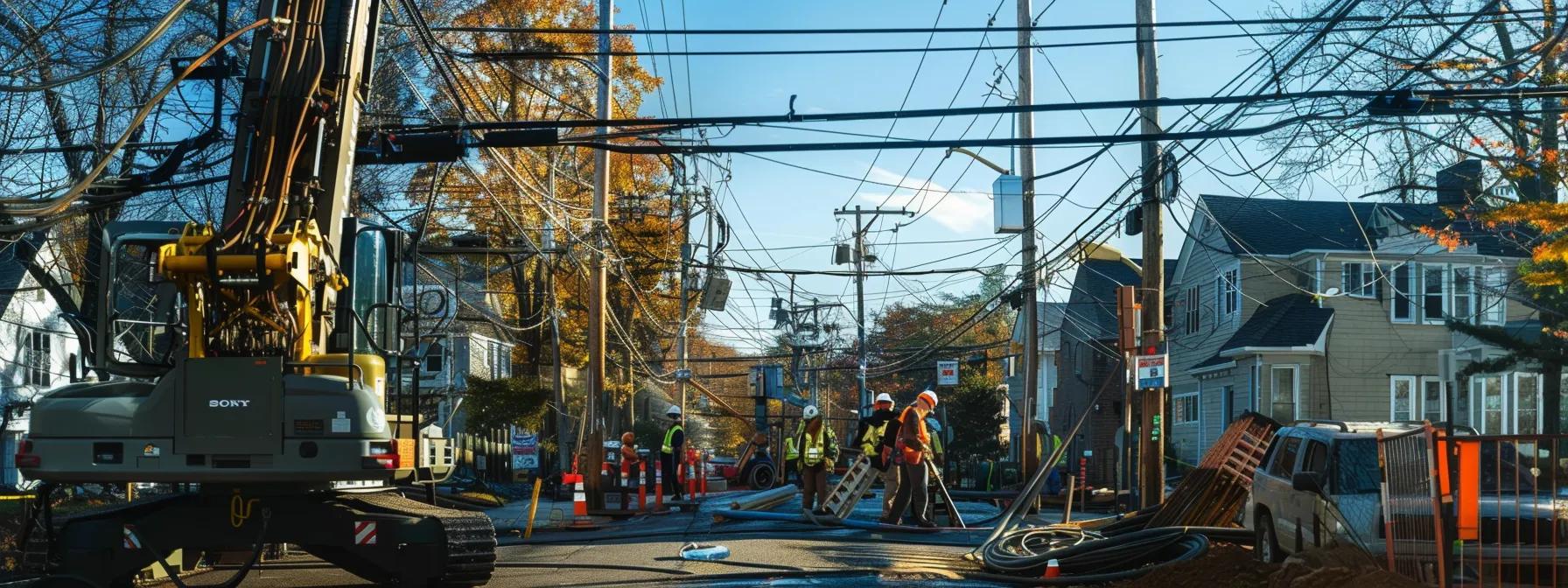 a dynamic construction site showcases utility workers in full safety gear, utilizing a bucket-truck with integrated fall-arrest systems and portable beam anchors, amidst towering power lines and transformer pits, highlighting effective fall protection strategies. a dynamic construction site showcases utility workers in full safety gear, utilizing a bucket-truck with integrated fall-arrest systems and portable beam anchors, amidst towering power lines and transformer pits, highlighting effective fall protection strategies.
