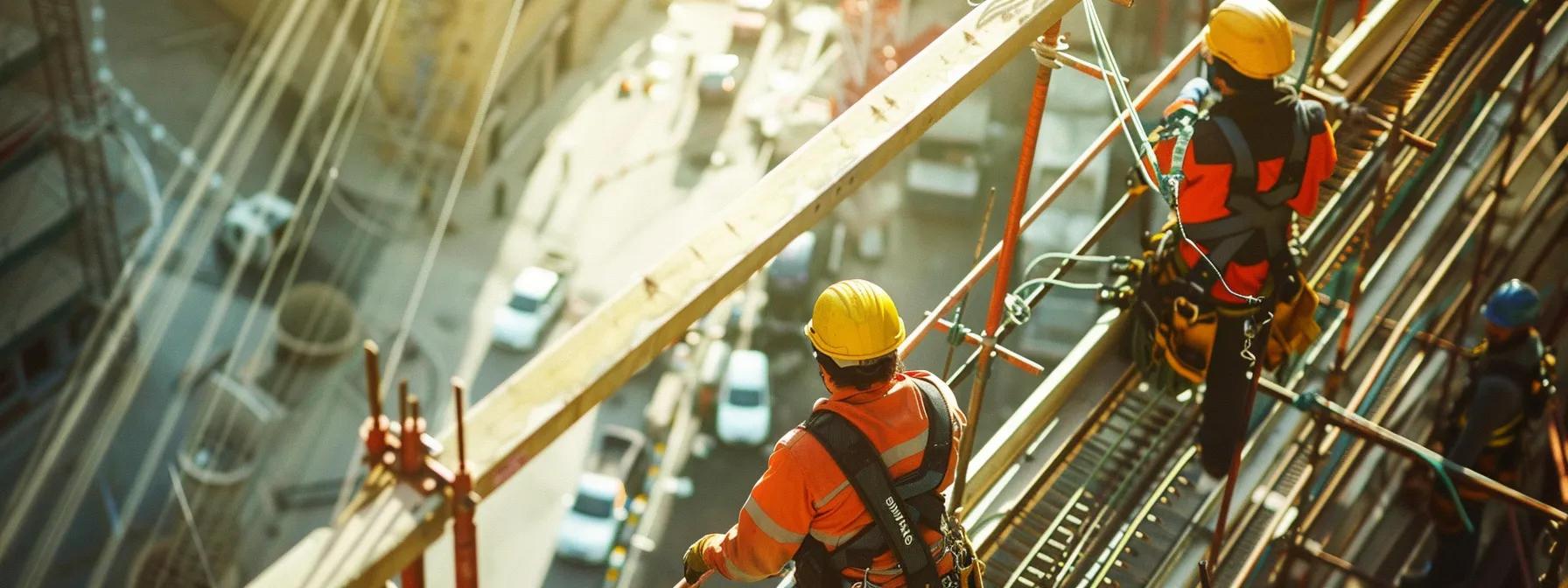 a dynamic construction site showcases workers confidently donning safety harnesses and operating within a robust system of guardrails and safety nets, emphasizing the implementation of comprehensive fall protection practices amidst a structured urban environment. a dynamic construction site showcases workers confidently donning safety harnesses and operating within a robust system of guardrails and safety nets, emphasizing the implementation of comprehensive fall protection practices amidst a structured urban environment.