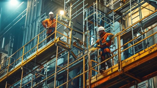 a dynamic industrial workspace showcases workers safely utilizing advanced fall protection solutions while performing elevated tasks on scaffolding and platforms, illuminated by bright overhead lights that emphasize the importance of safety at every height.