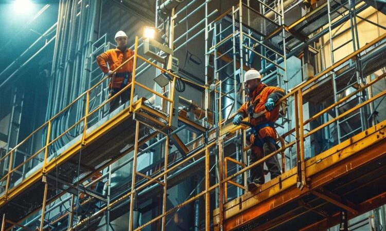a dynamic industrial workspace showcases workers safely utilizing advanced fall protection solutions while performing elevated tasks on scaffolding and platforms, illuminated by bright overhead lights that emphasize the importance of safety at every height.