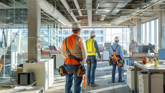 a dynamic office scene showcasing a team of professionals engaged in the detailed installation of fall protection equipment, with safety harnesses and gear prominently featured, conveying a strong message of workplace safety and compliance.