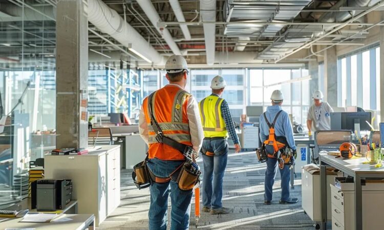 a dynamic office scene showcasing a team of professionals engaged in the detailed installation of fall protection equipment, with safety harnesses and gear prominently featured, conveying a strong message of workplace safety and compliance.