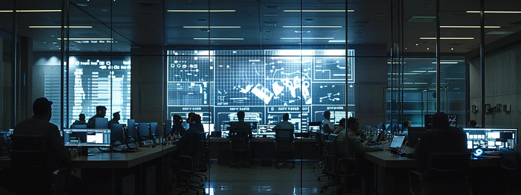 a dynamic office scene showcases a diverse team engaged in an interactive safety meeting, with projected inspection data on screens, emphasizing the integration of fall protection audits and training programs to foster a culture of continuous improvement.