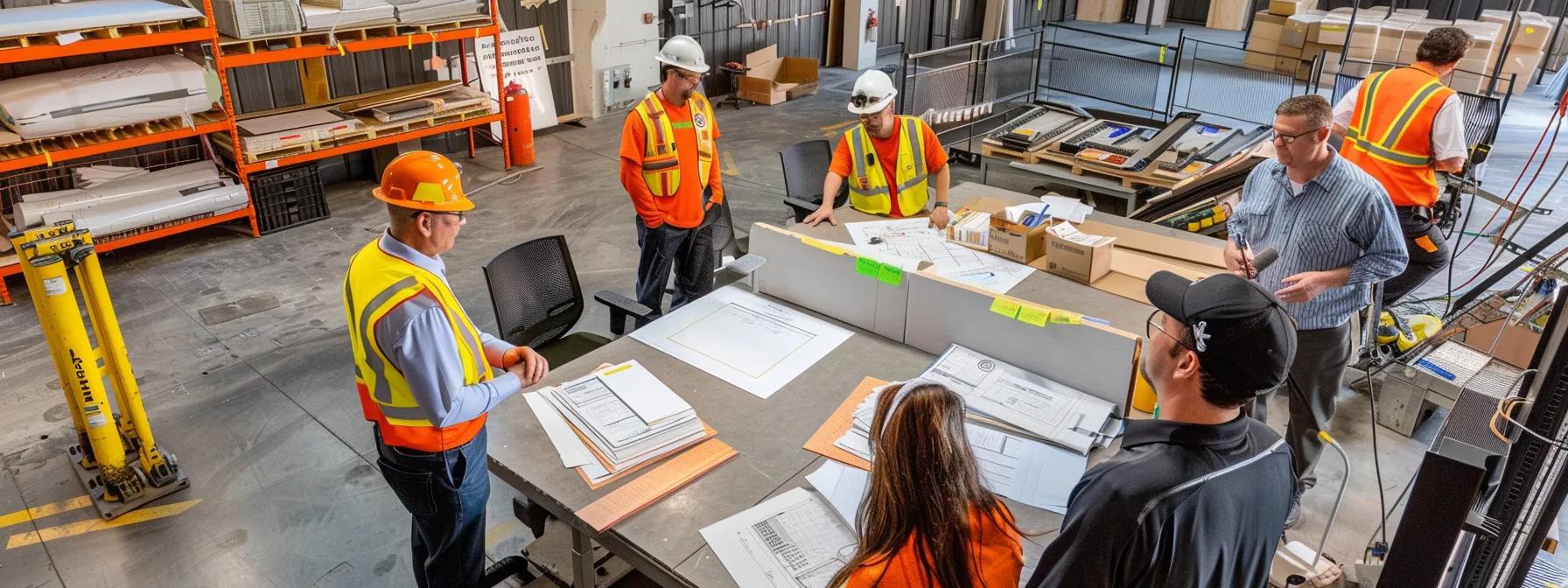 a dynamic office setting showcases a diverse team of safety experts collaborating around a table filled with fall protection solution prototypes, blueprints, and safety gear, highlighting their strategic discussions on effectively implementing guardrails and harness systems for occupational safety. a dynamic office setting showcases a diverse team of safety experts collaborating around a table filled with fall protection solution prototypes, blueprints, and safety gear, highlighting their strategic discussions on effectively implementing guardrails and harness systems for occupational safety.