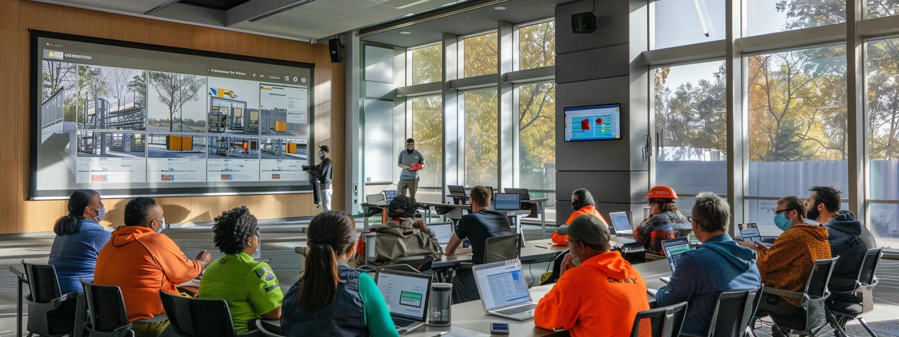 a dynamic training session in a modern conference room showcases safety managers and certified instructors guiding a diverse group of workers through rigorous fall protection techniques, with interactive displays of personal fall arrest systems and guardrail setups in clear view. a dynamic training session in a modern conference room showcases safety managers and certified instructors guiding a diverse group of workers through rigorous fall protection techniques, with interactive displays of personal fall arrest systems and guardrail setups in clear view.