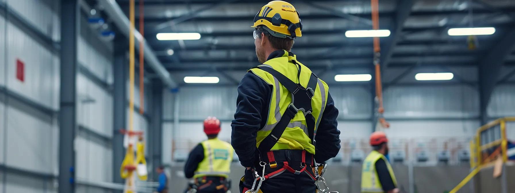 a dynamic training session unfolds in a modern indoor facility, showcasing workers engaged in rigorous fall protection exercises with harnesses, carabiners, and lifelines, while an instructor demonstrates essential safety protocols against a backdrop of instructional charts and detailed equipment displays. a dynamic training session unfolds in a modern indoor facility, showcasing workers engaged in rigorous fall protection exercises with harnesses, carabiners, and lifelines, while an instructor demonstrates essential safety protocols against a backdrop of instructional charts and detailed equipment displays.