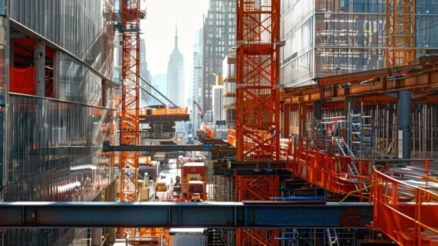 a dynamic urban construction site showcases intricate custom fall protection systems in action, emphasizing safety and innovation amidst towering steel frameworks and machinery.