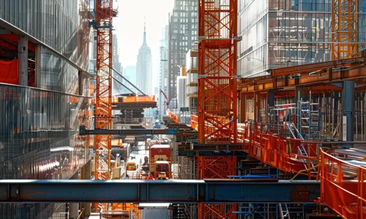 a dynamic urban construction site showcases intricate custom fall protection systems in action, emphasizing safety and innovation amidst towering steel frameworks and machinery.
