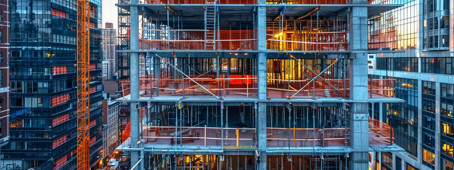 a dynamic urban construction site showcases a high-rise building under development, featuring custom perimeter guardrails and automated net systems in action, highlighting the advanced fall protection safety measures that keep workers secure amidst the architectural spectacle. a dynamic urban construction site showcases a high-rise building under development, featuring custom perimeter guardrails and automated net systems in action, highlighting the advanced fall protection safety measures that keep workers secure amidst the architectural spectacle.