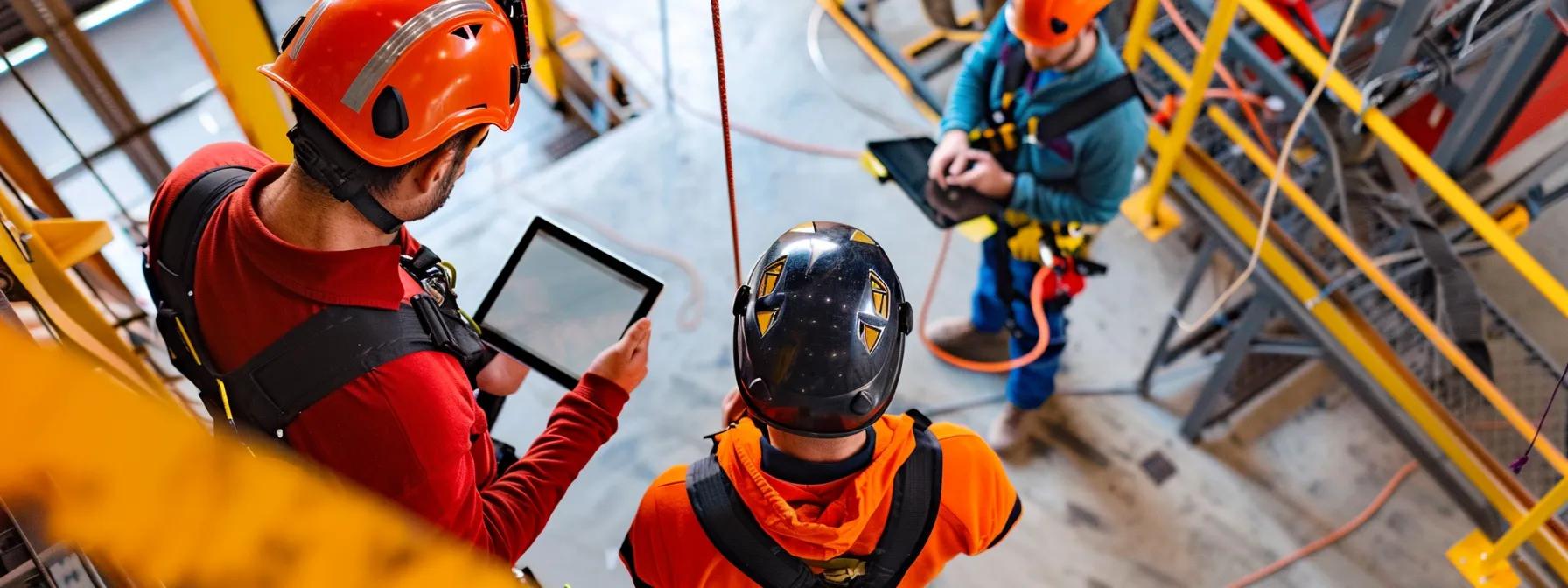 a focused inspection team in a modern industrial facility meticulously examines fall protection equipment, documenting findings on digital tablets amidst a backdrop of high-tech machinery and safety gear. a focused inspection team in a modern industrial facility meticulously examines fall protection equipment, documenting findings on digital tablets amidst a backdrop of high-tech machinery and safety gear.