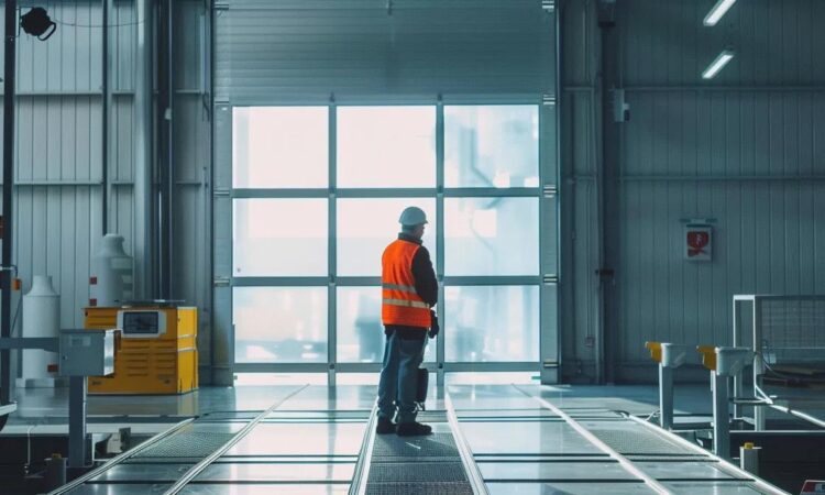 a focused shot of a safety inspector conducting a thorough examination of a fall protection system in a modern industrial workspace, surrounded by safety equipment and compliance documentation.