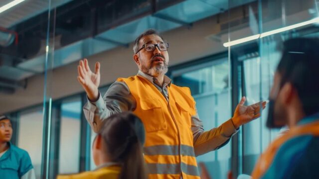 a focused training session in a modern office setting shows workers attentively engaging with a dynamic instructor demonstrating comprehensive fall protection techniques using advanced safety equipment, illuminated by bright artificial lighting to emphasize the importance of workplace safety.