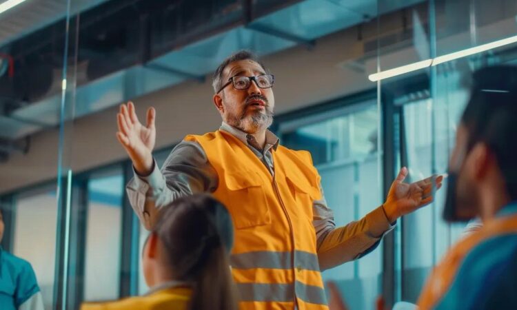 a focused training session in a modern office setting shows workers attentively engaging with a dynamic instructor demonstrating comprehensive fall protection techniques using advanced safety equipment, illuminated by bright artificial lighting to emphasize the importance of workplace safety.