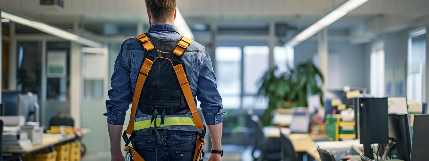 a focused workplace scene captures a certified technician meticulously inspecting a fall protection harness in a well-lit, modern office, surrounded by safety compliance documents and equipment, emphasizing the importance of rigorous safety protocols. a focused workplace scene captures a certified technician meticulously inspecting a fall protection harness in a well-lit, modern office, surrounded by safety compliance documents and equipment, emphasizing the importance of rigorous safety protocols.