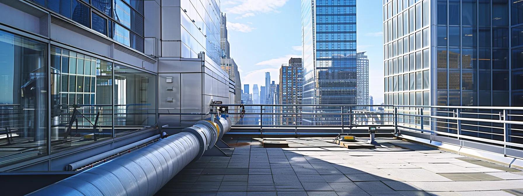 a high-rise building rooftop equipped with sleek stainless steel guardrails and lifeline systems, vividly illustrating the importance of permanent fall protection features for maintenance workers amidst a bustling urban skyline backdrop. a high-rise building rooftop equipped with sleek stainless steel guardrails and lifeline systems, vividly illustrating the importance of permanent fall protection features for maintenance workers amidst a bustling urban skyline backdrop.