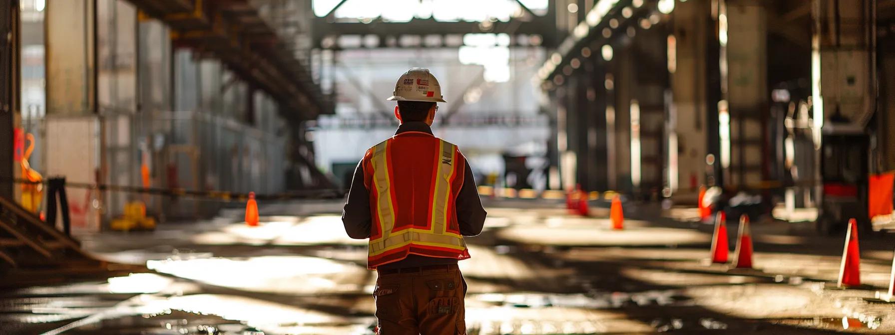 a high-contrast, gritty urban warehouse setting captures a safety inspector reviewing a detailed risk assessment of elevated work platforms and open penetrations, with safety cones and fall protection equipment prominently placed around potential fall hazards. a high-contrast, gritty urban warehouse setting captures a safety inspector reviewing a detailed risk assessment of elevated work platforms and open penetrations, with safety cones and fall protection equipment prominently placed around potential fall hazards.