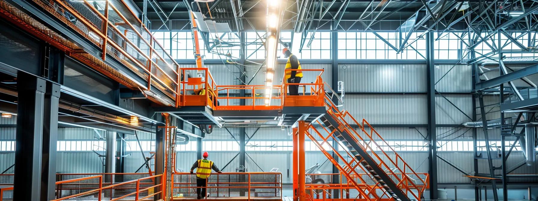 a high-contrast image of an industrial hangar interior, showcasing maintenance personnel safely working at elevated heights, equipped with advanced guardrail and horizontal lifeline systems, emphasizing the effectiveness of fall protection technologies in a bustling airline maintenance environment. a high-contrast image of an industrial hangar interior, showcasing maintenance personnel safely working at elevated heights, equipped with advanced guardrail and horizontal lifeline systems, emphasizing the effectiveness of fall protection technologies in a bustling airline maintenance environment.
