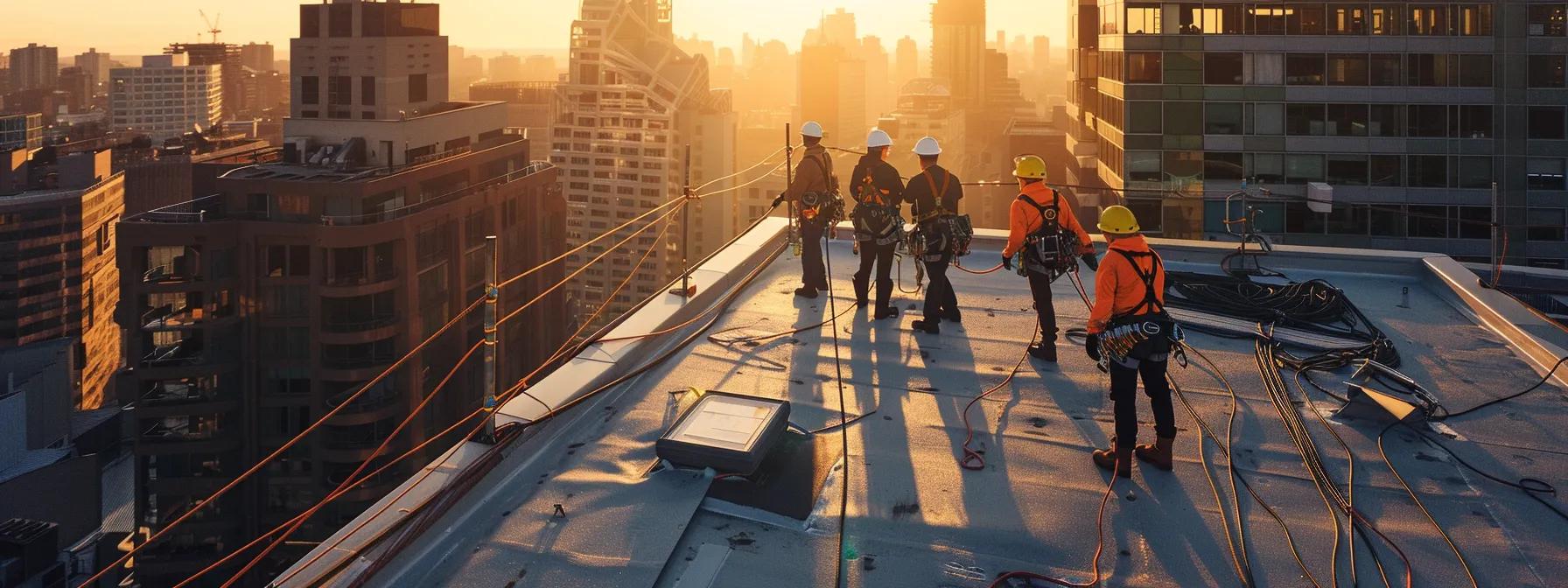 a high-angle shot of a commercial rooftop, showcasing a team of workers securely connected to an advanced fall protection system featuring engineered guardrails and personal harnesses, emphasizing safety compliance in a bustling urban setting. a high-angle shot of a commercial rooftop, showcasing a team of workers securely connected to an advanced fall protection system featuring engineered guardrails and personal harnesses, emphasizing safety compliance in a bustling urban setting.