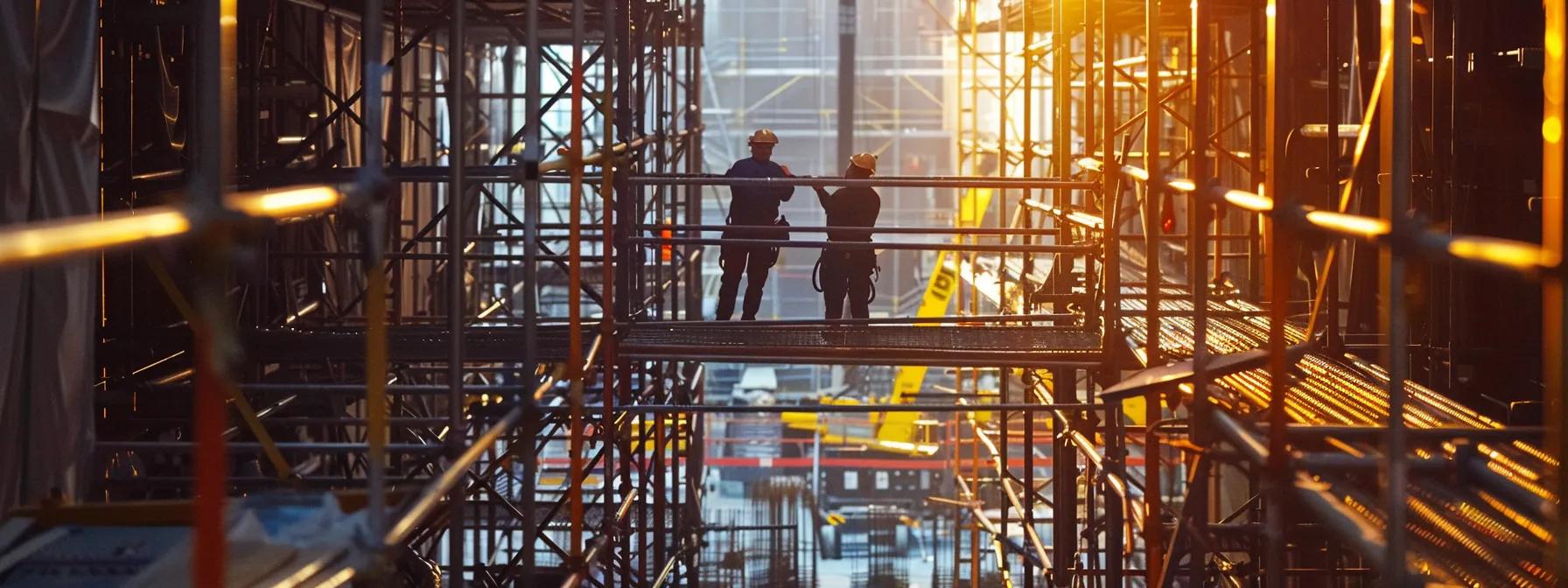 a high-contrast image of a construction site featuring a team of engineers and safety officers collaboratively inspecting a complex fall protection system with fixed guardrails, wire rope lifelines, and davit-mounted anchor points, all set against the backdrop of towering scaffolding and industrial machinery. a high-contrast image of a construction site featuring a team of engineers and safety officers collaboratively inspecting a complex fall protection system with fixed guardrails, wire rope lifelines, and davit-mounted anchor points, all set against the backdrop of towering scaffolding and industrial machinery.