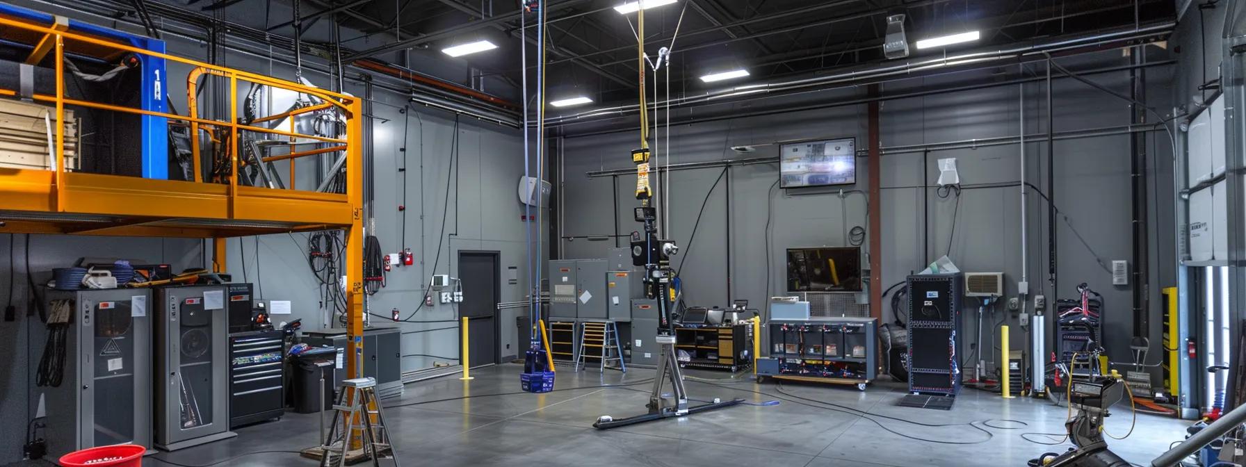 a high-tech industrial workspace features a suspended lifeline system integrated with overhead crane rails, ensuring safe access on catwalks, while portable davit-arm systems stand ready for emergency retrievals in a sharply lit environment filled with tools and safety gear. a high-tech industrial workspace features a suspended lifeline system integrated with overhead crane rails, ensuring safe access on catwalks, while portable davit-arm systems stand ready for emergency retrievals in a sharply lit environment filled with tools and safety gear.