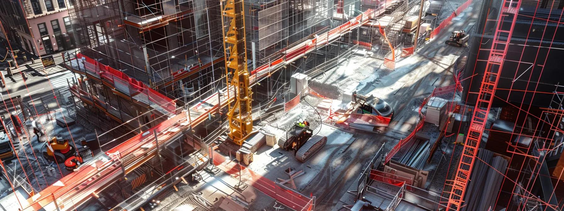 a high-tech construction site showcasing automated guardrail robots efficiently erecting safety barriers, while digital monitoring systems actively display real-time alerts on a large screen, emphasizing innovative fall protection strategies in a bustling urban environment. a high-tech construction site showcasing automated guardrail robots efficiently erecting safety barriers, while digital monitoring systems actively display real-time alerts on a large screen, emphasizing innovative fall protection strategies in a bustling urban environment.