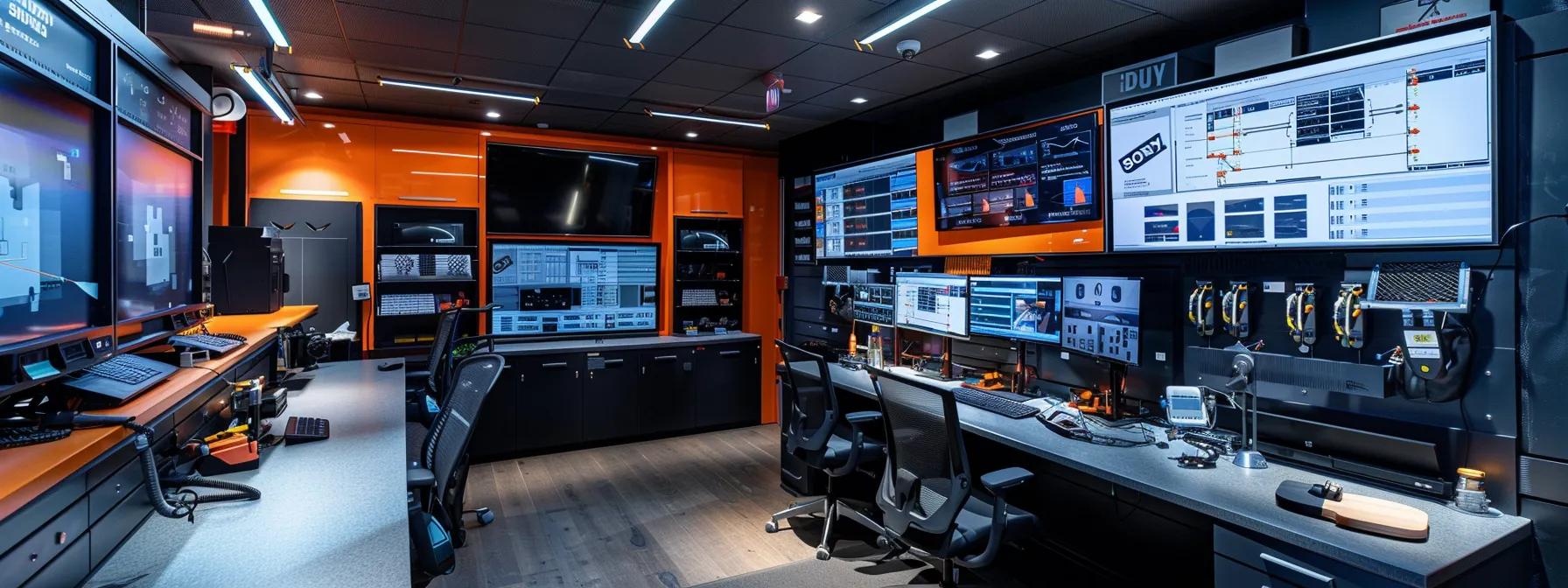 a high-tech inspection station showcases an array of advanced tools, including digital torque wrenches, a borescope, and rfid tagging devices, all set against a sleek, modern office environment with vibrant screens displaying real-time data and inspection reports.