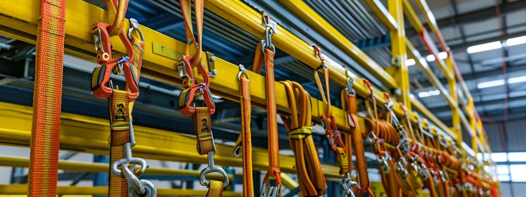 a meticulously arranged industrial workspace showcases an advanced fall protection system, featuring clearly marked anchor points, safety harnesses, and engineered guardrails against a backdrop of structured steel frameworks, all illuminated by bright overhead lights to emphasize safety compliance and precision. a meticulously arranged industrial workspace showcases an advanced fall protection system, featuring clearly marked anchor points, safety harnesses, and engineered guardrails against a backdrop of structured steel frameworks, all illuminated by bright overhead lights to emphasize safety compliance and precision.