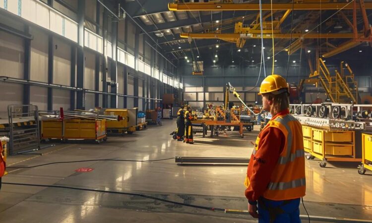 a meticulously organized aviation workspace showcases technicians in vibrant safety gear conducting a comprehensive training session on fall protection measures around avionic equipment, highlighted by clear signage and high-visibility harnesses.
