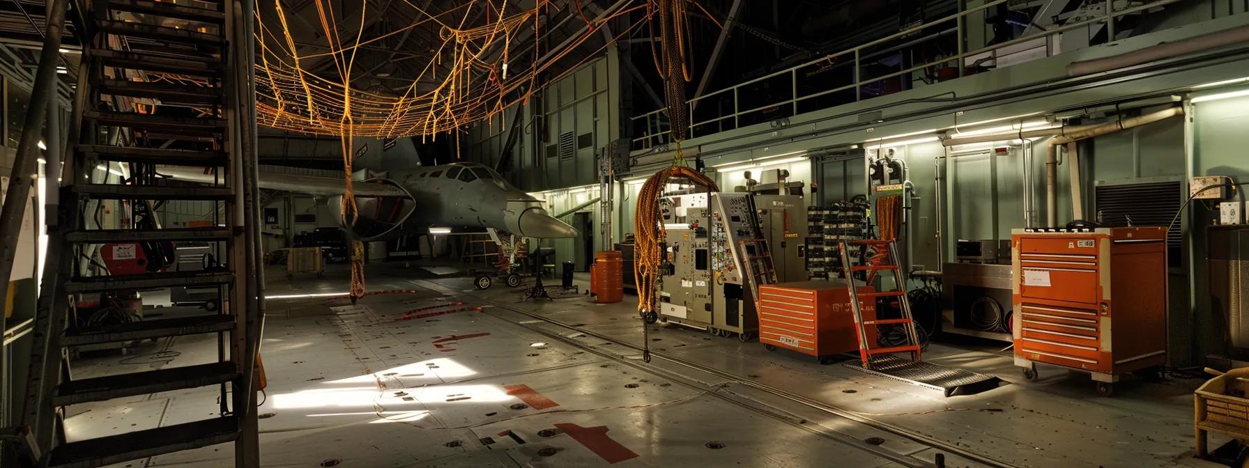 a meticulously organized industrial workspace showcases various fall protection systems—guardrails, safety nets, and personal fall arrest gear—strategically positioned around an aircraft maintenance hangar, emphasizing safety compliance and efficient usage. a meticulously organized industrial workspace showcases various fall protection systems—guardrails, safety nets, and personal fall arrest gear—strategically positioned around an aircraft maintenance hangar, emphasizing safety compliance and efficient usage.