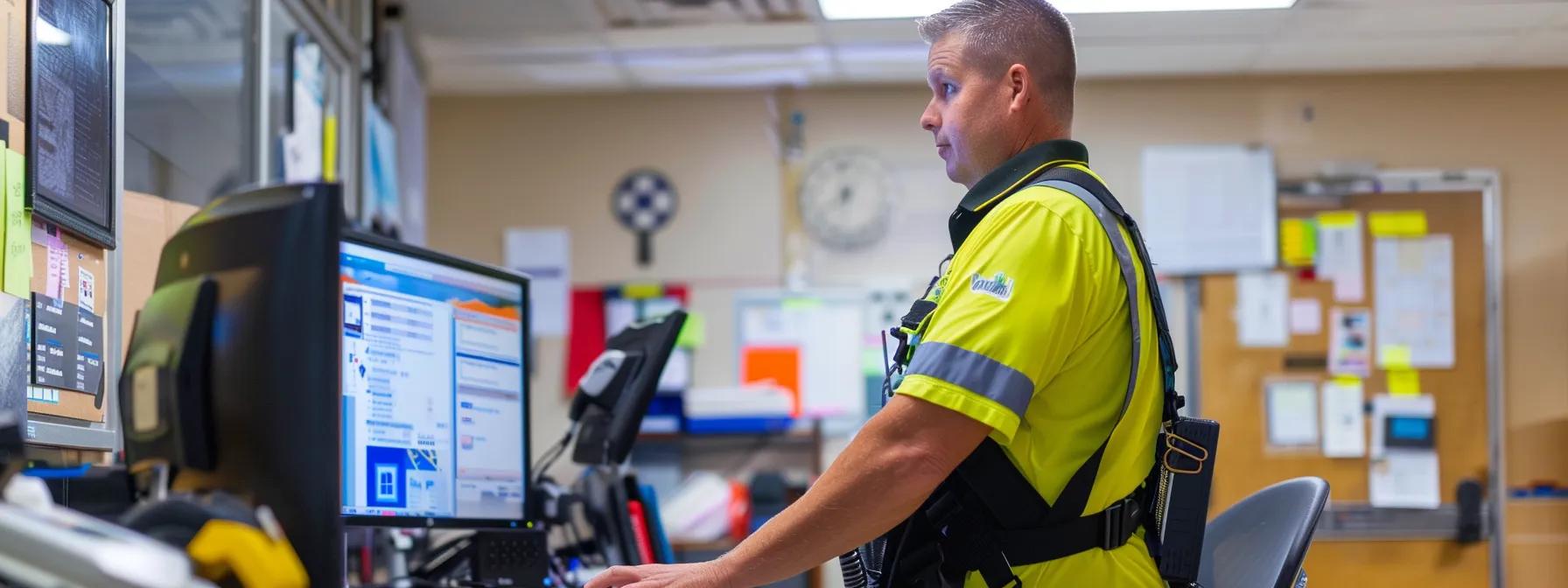a meticulously organized office space features a qualified inspector performing a thorough fall protection equipment check, with calibrated tools and a digital maintenance system screen visible, emphasizing safety compliance and professionalism in workplace safety protocols.