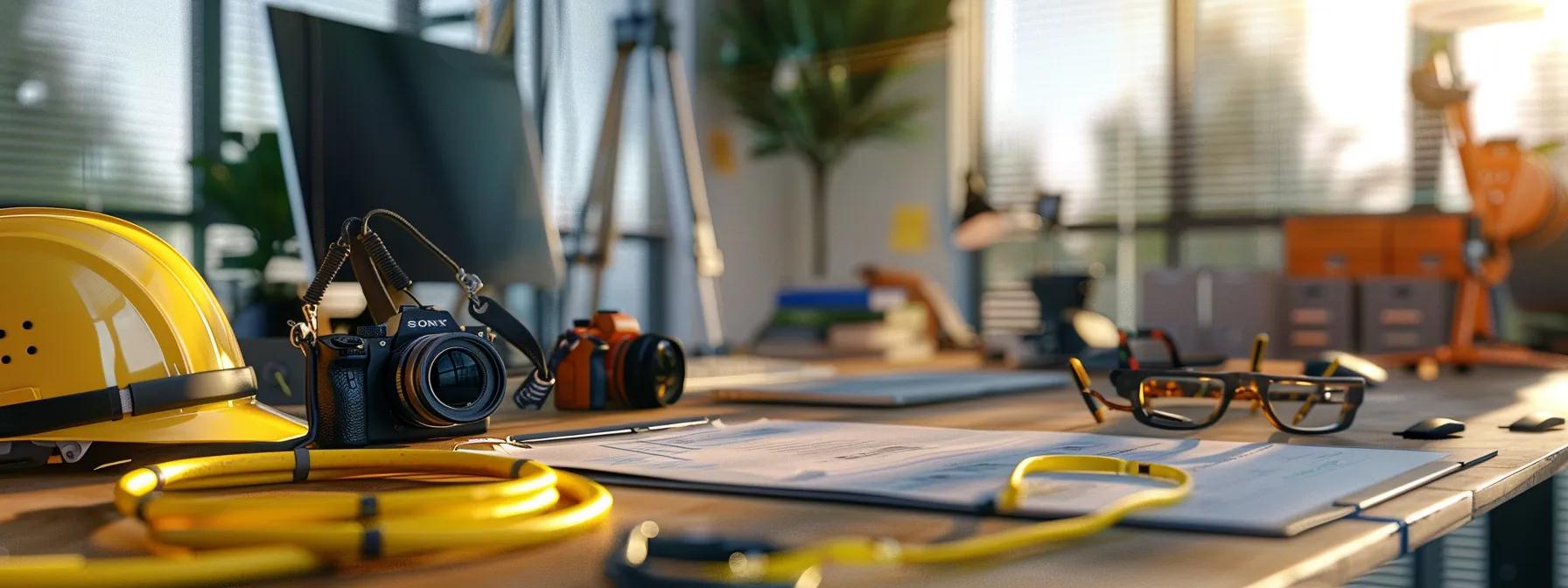 a meticulously organized office scene displays a clutter-free inspection log on a sleek desk alongside safety equipment like lifelines and lanyards, symbolizing regulatory compliance and proactive fall prevention in the workplace.