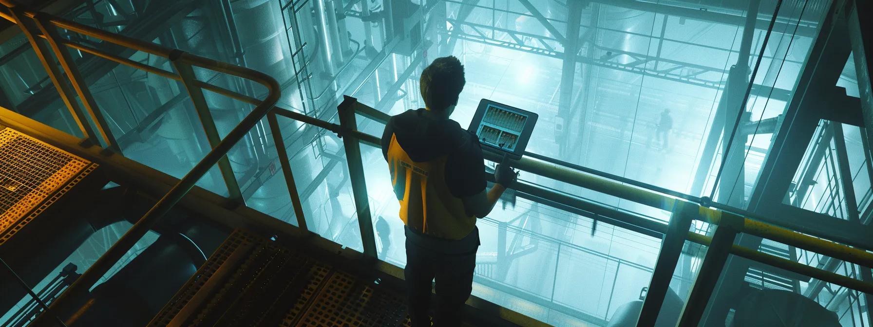 a modern industrial setting featuring a safety manager reviewing a digital scheduling system on a sleek tablet, surrounded by well-maintained fall arrest devices and robust guardrails, emphasizing a structured approach to safety inspections.