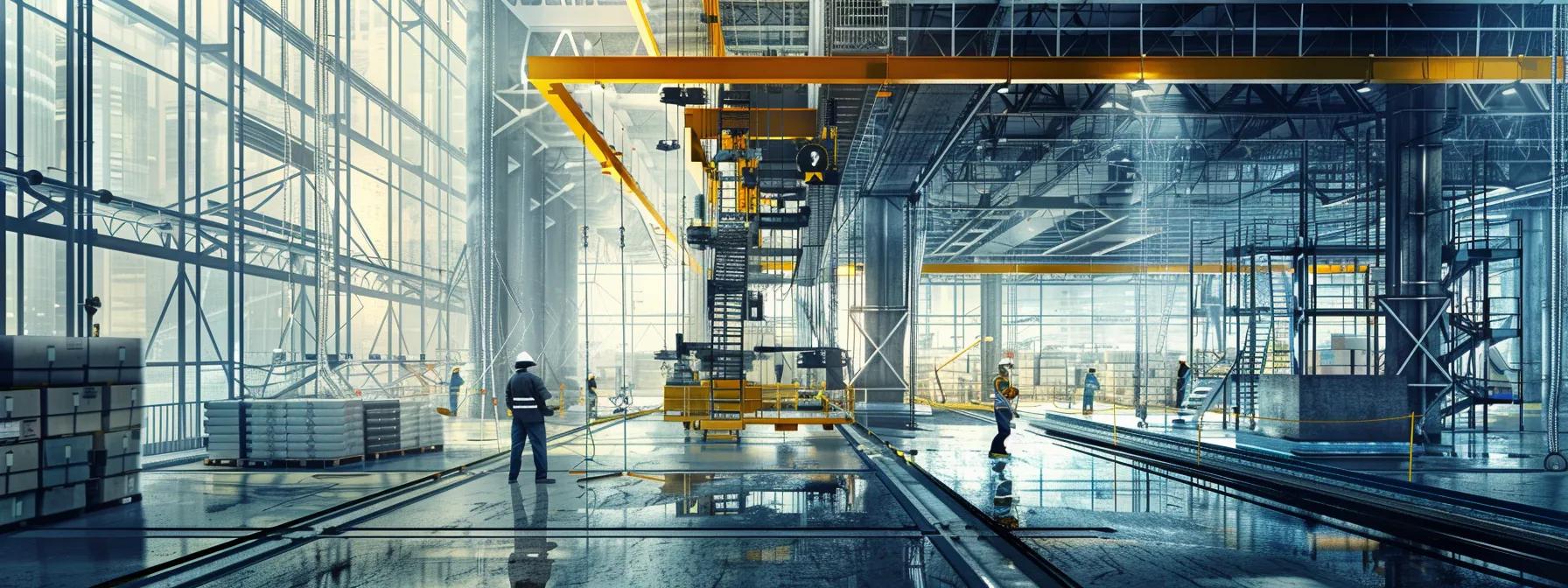 a modern industrial workspace features certified technicians meticulously installing robust fall protection systems on a high-rise building, with detailed blueprints and safety equipment clearly visible against a backdrop of exposed structural elements. a modern industrial workspace features certified technicians meticulously installing robust fall protection systems on a high-rise building, with detailed blueprints and safety equipment clearly visible against a backdrop of exposed structural elements.