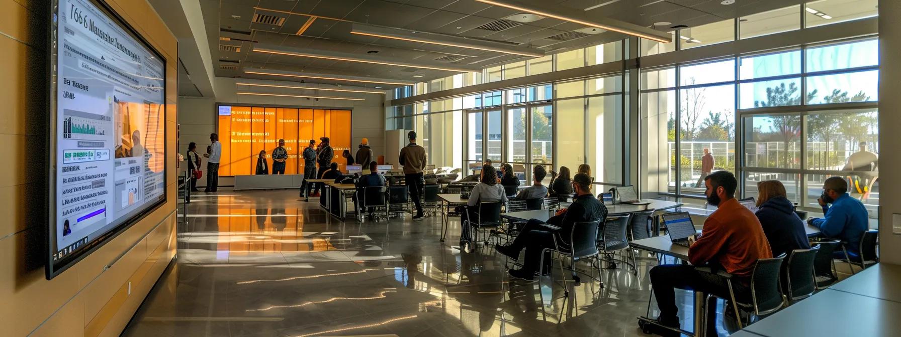 a modern office setting featuring a large screen displaying a detailed regulatory comparison table, with a diverse group of professionals engaged in a discussion about fall protection inspection standards highlighted by focused lighting on the screen.