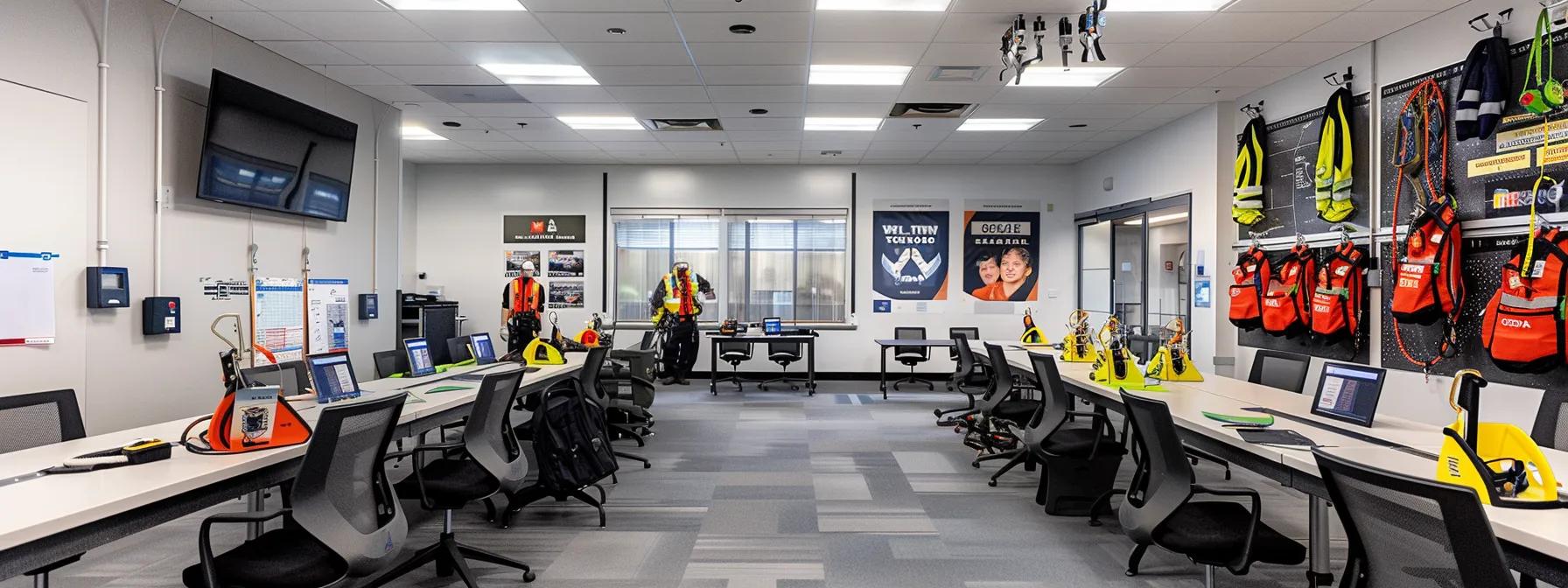 a modern training room featuring safety harnesses and fall protection equipment prominently displayed on sleek, professional workstations, with safety posters outlining osha and ansi regulations on the walls and a diverse group of trainees attentively engaged in a hands-on demonstration of fall safety protocols. a modern training room featuring safety harnesses and fall protection equipment prominently displayed on sleek, professional workstations, with safety posters outlining osha and ansi regulations on the walls and a diverse group of trainees attentively engaged in a hands-on demonstration of fall safety protocols.