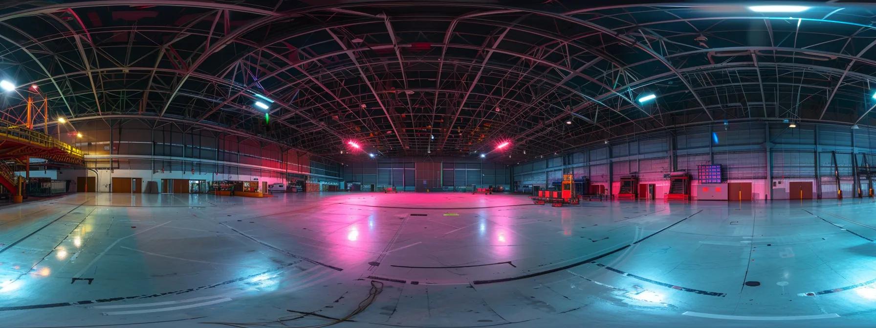 a panoramic view of an aviation hangar showcasing a sophisticated fall protection system with horizontal lifelines and robust guardrails installed along the expansive roof perimeter, while aerial safety nets are suspended beneath elevated maintenance platforms, all under bright industrial lighting that highlights the intricate safety measures specific to aircraft maintenance. a panoramic view of an aviation hangar showcasing a sophisticated fall protection system with horizontal lifelines and robust guardrails installed along the expansive roof perimeter, while aerial safety nets are suspended beneath elevated maintenance platforms, all under bright industrial lighting that highlights the intricate safety measures specific to aircraft maintenance.